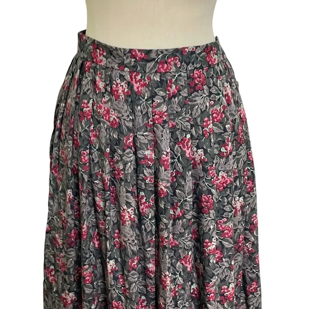 Vintage Susan Bristol Green & Black Rabbit Print Pleated Cottage Midi Skirt Sz 8